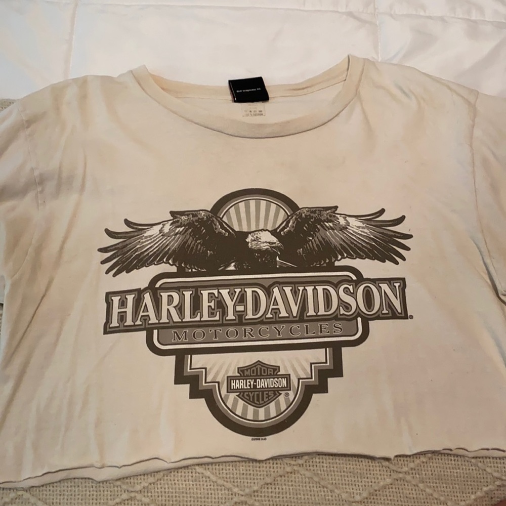 Men’s L shirt cut into mid length crop top.